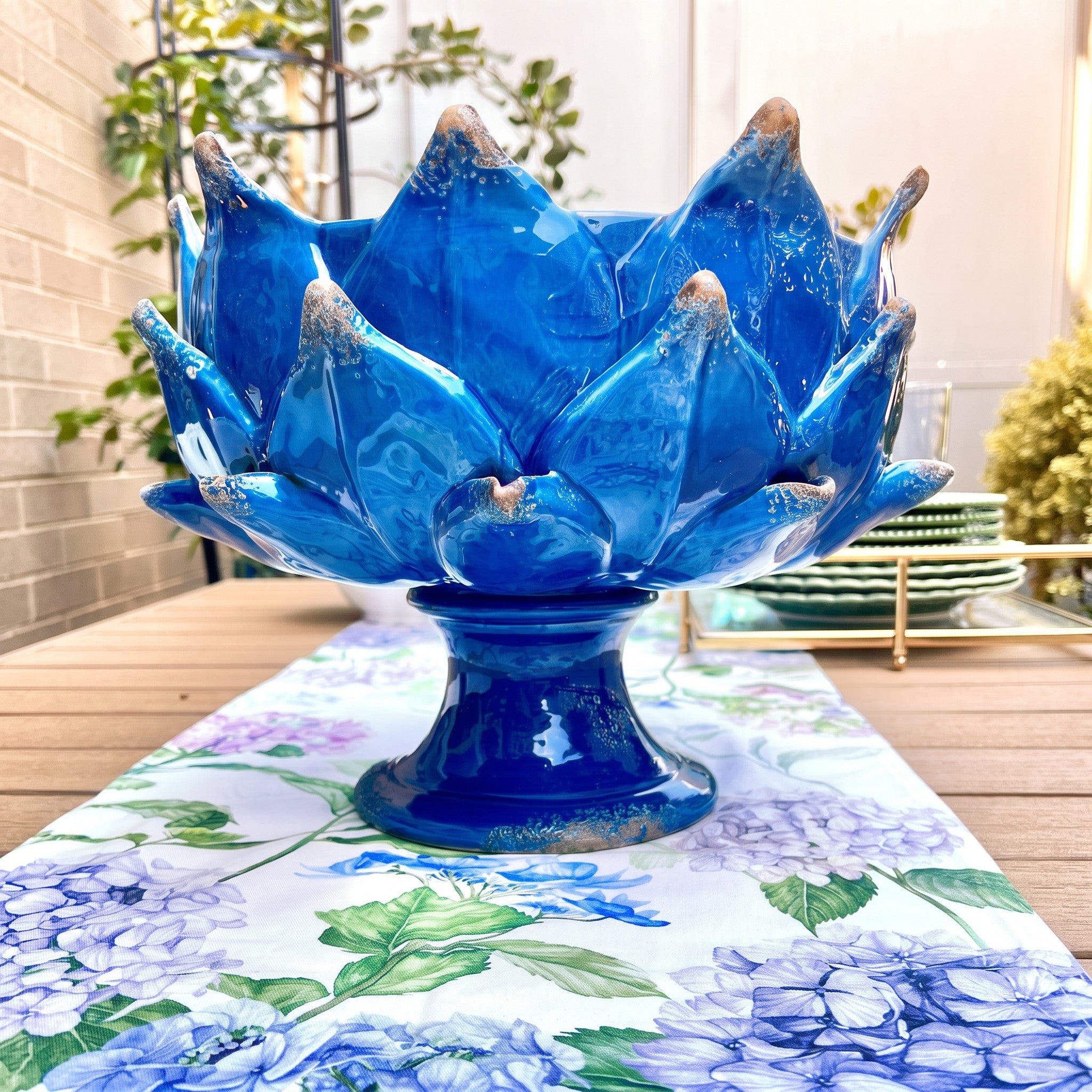 Italian Handcrafted Majolica Artichoke Pedestal Bowl in Mediterranean Blue