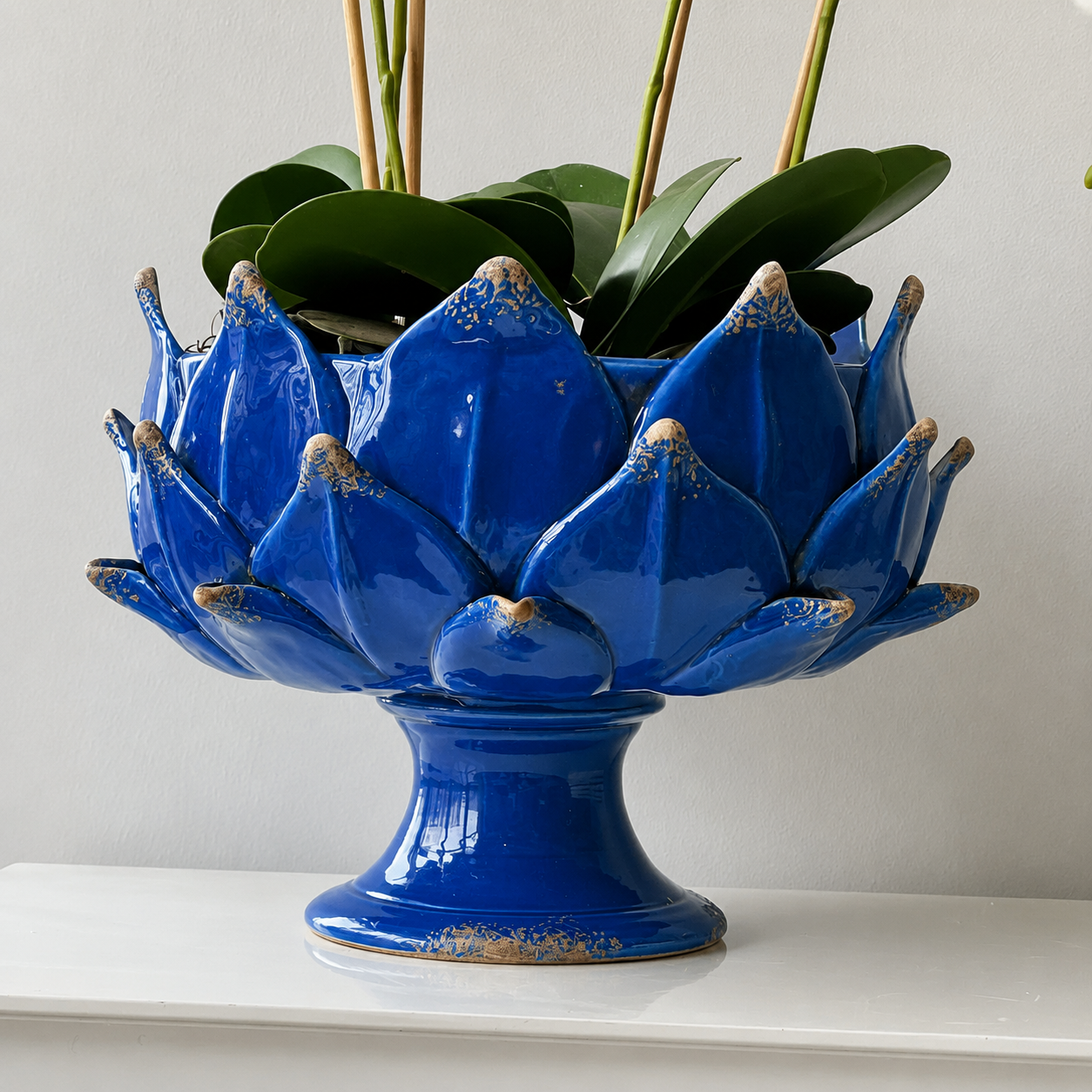 Handmade Artichoke Pedestal Bowl in Cobalt