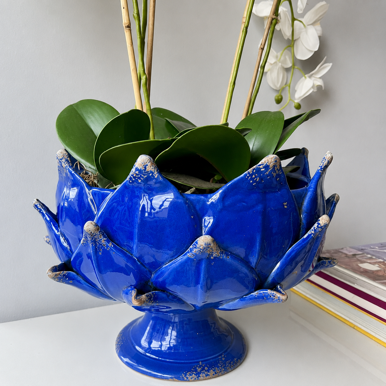 Handmade Artichoke Pedestal Bowl in Cobalt