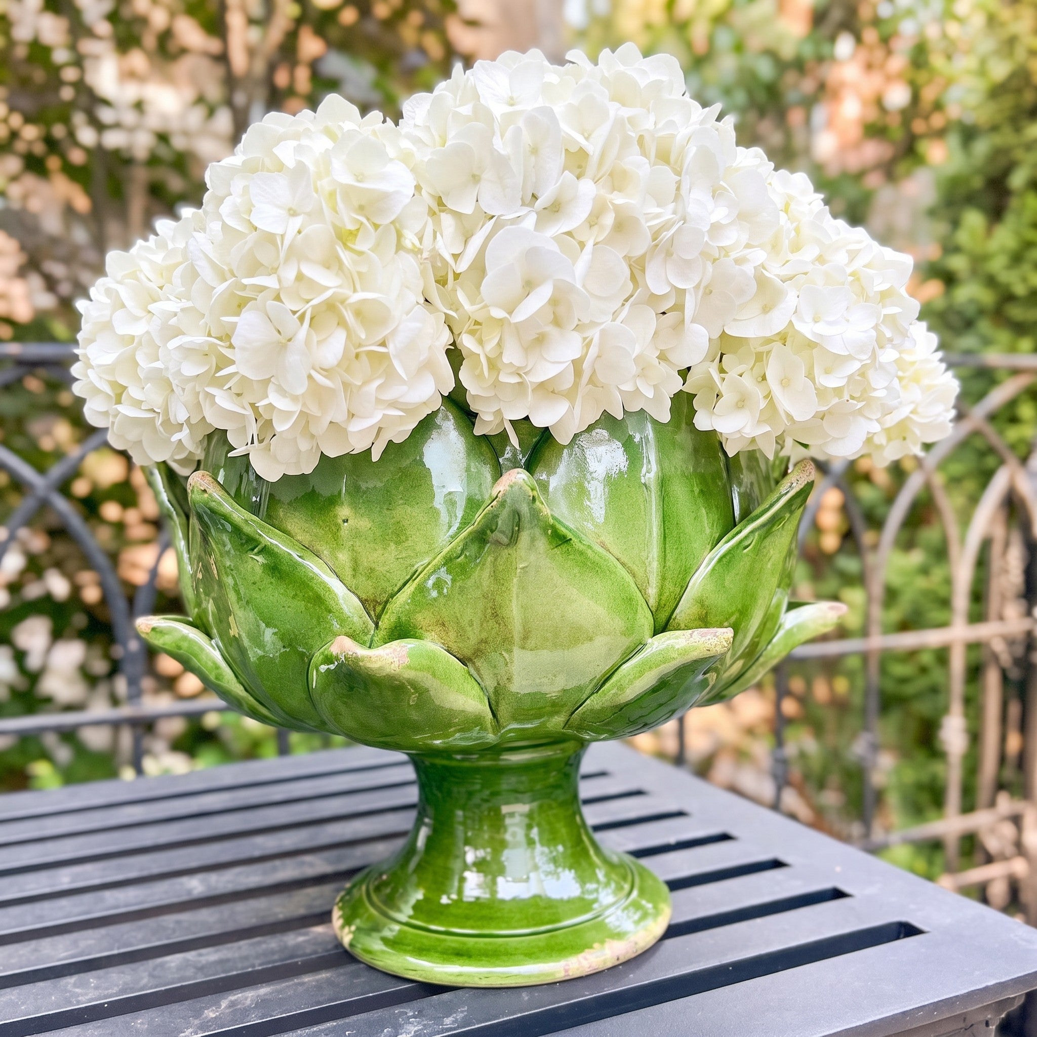 Italian Handcrafted Majolica Artichoke Pedestal Bowl in Emerald Green