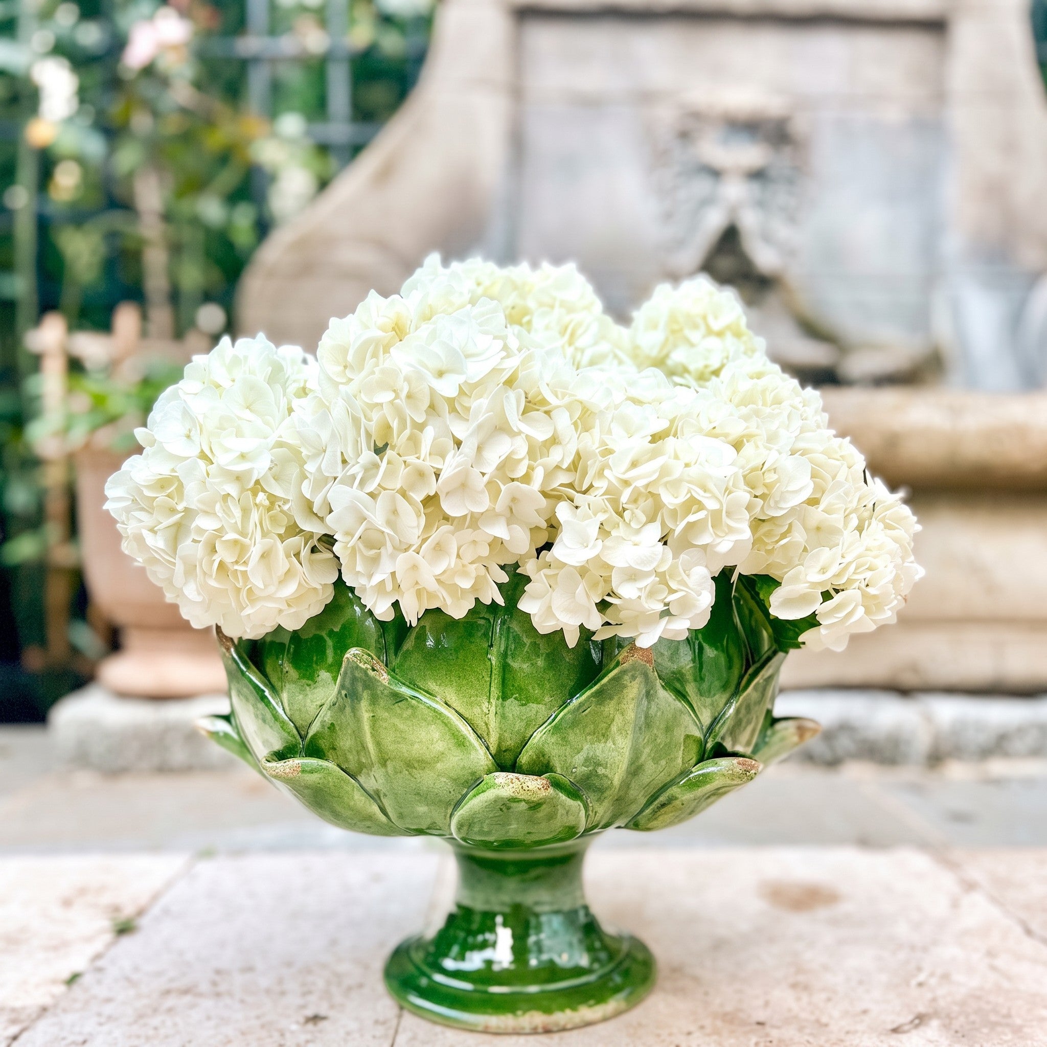 Italian Handcrafted Majolica Artichoke Pedestal Bowl in Emerald Green