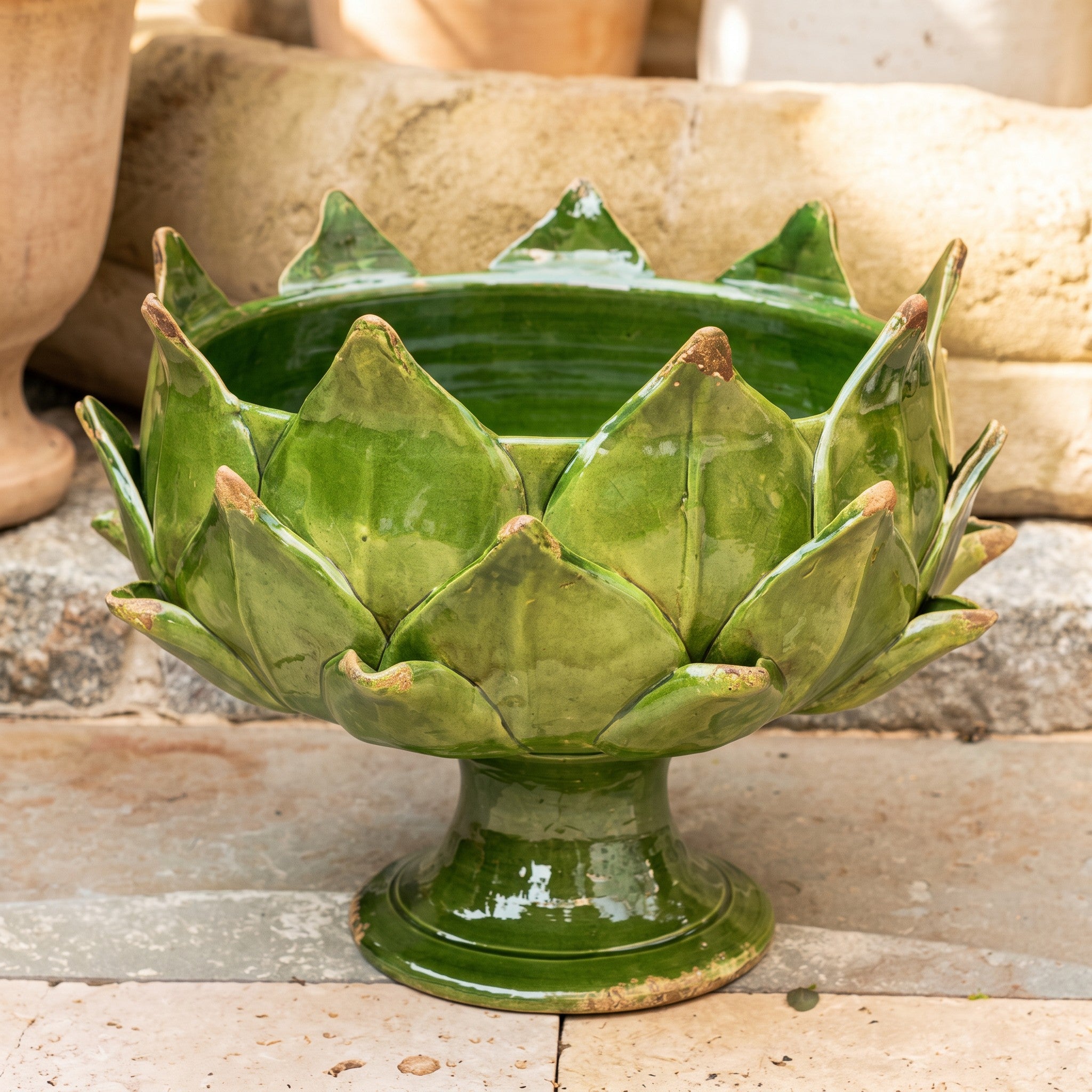 Italian Handcrafted Majolica Artichoke Pedestal Bowl in Emerald Green
